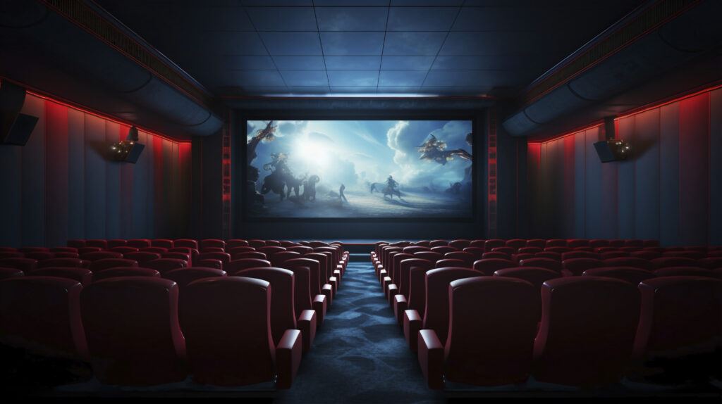 View from the back of a luxurious best cinema theatre with red seats and a large screen playing an epic fantasy movie"