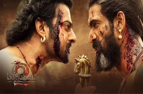 Baahubali movie poster showing an intense warrior face-off in the best cinema