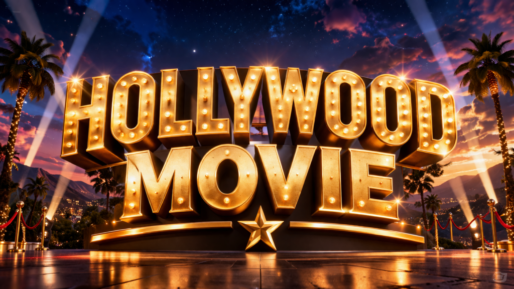 A dramatic best Hollywood movie sign in glowing golden marquee lights with a star below it, set against a vibrant sunset and starry night sky with palm trees, red carpet ropes, and spotlights