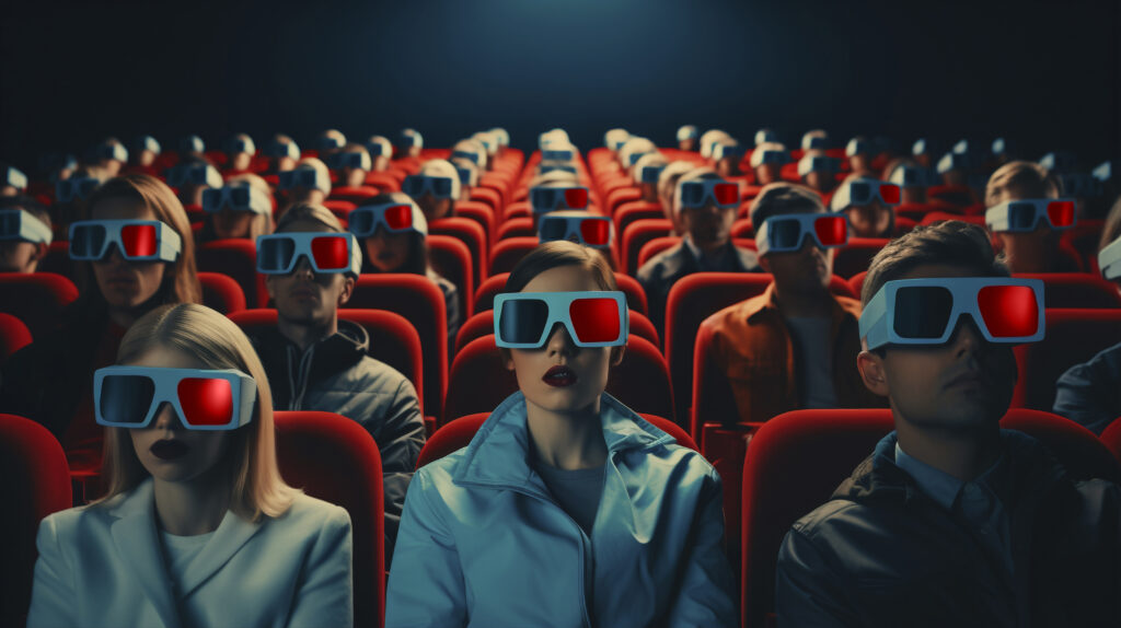 Audience wearing 3D glasses enjoying a movie in a modern theater with advanced technology, immersive visuals, and comfortable seating