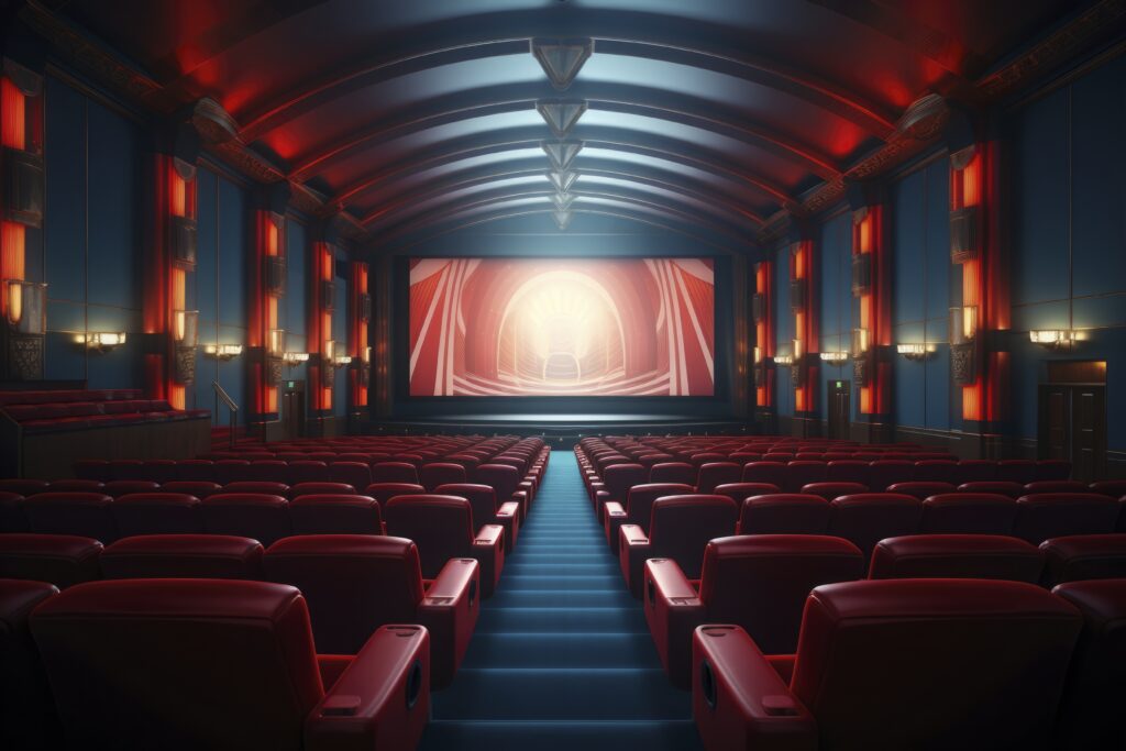 Luxury movie theater with red seats, large screen, and immersive lighting for the best cinema experience