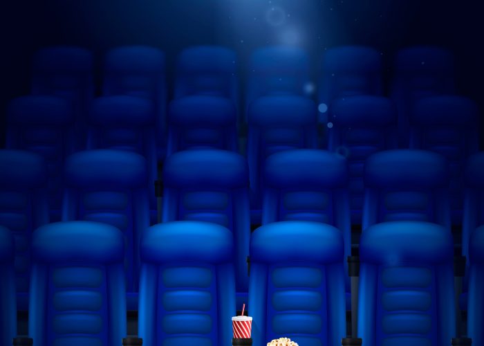 Empty cinema hall realistic background with seats and popcorn vector illustration